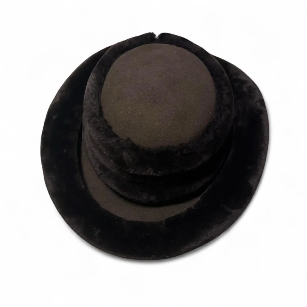 Vintage J. Peterman Size Large Rolled Brim Faux Fur Wool Bucket Hat Brown